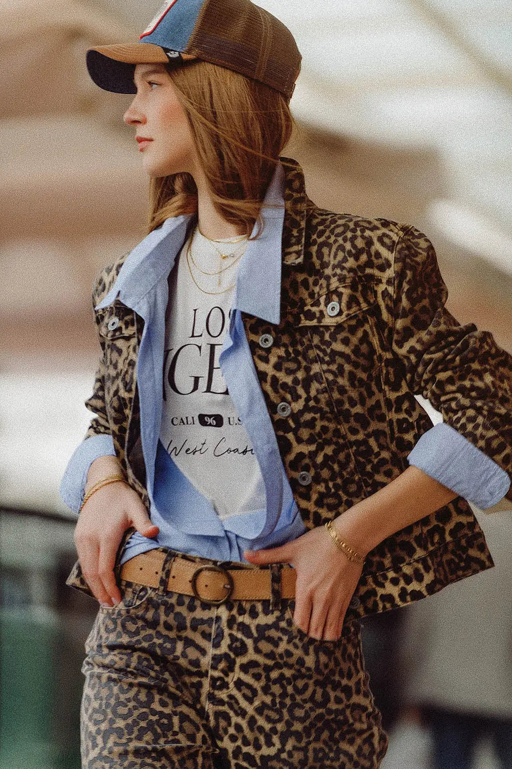Brown Jacket with leopard Print in denim fabric - Coats and Jackets