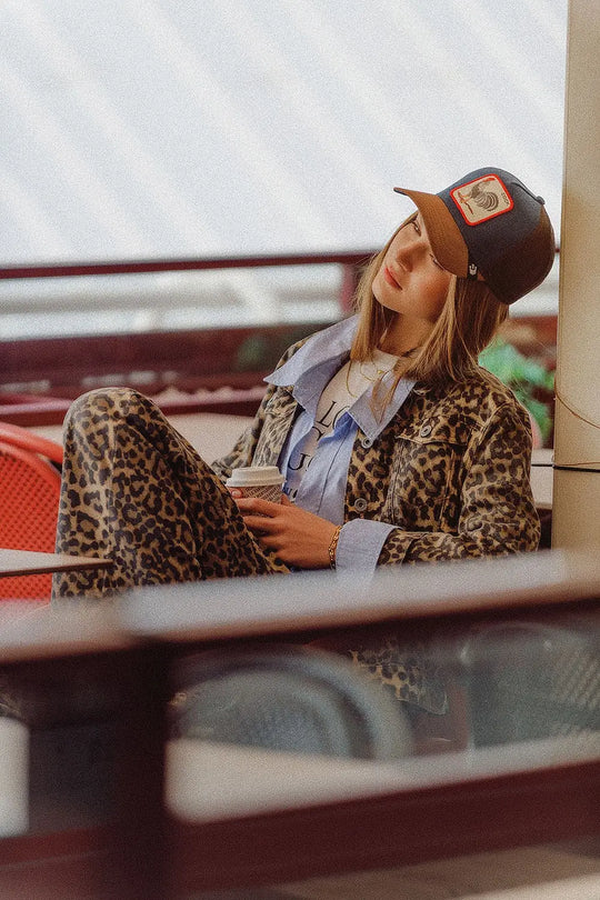 Brown Jacket with leopard Print in denim fabric - Coats and Jackets