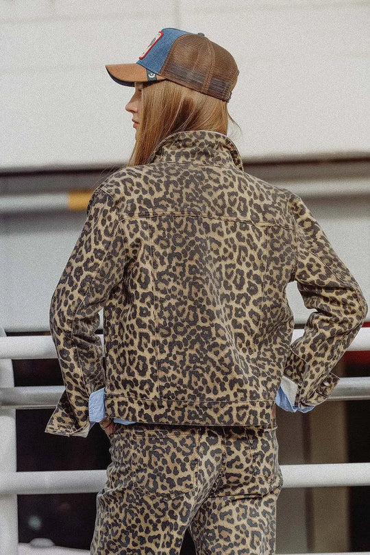Brown Jacket with leopard Print in denim fabric - Coats and Jackets