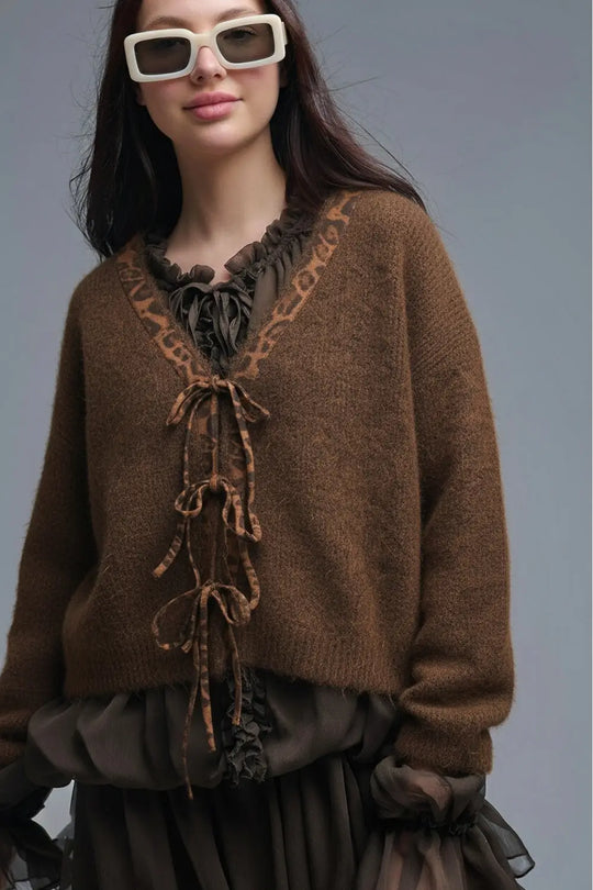 Brown knitted cardigan with leopard embroidered detail - One Size / Brown