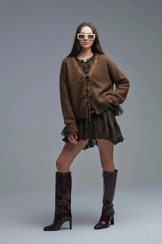 Brown knitted cardigan with leopard embroidered detail - One Size / Brown