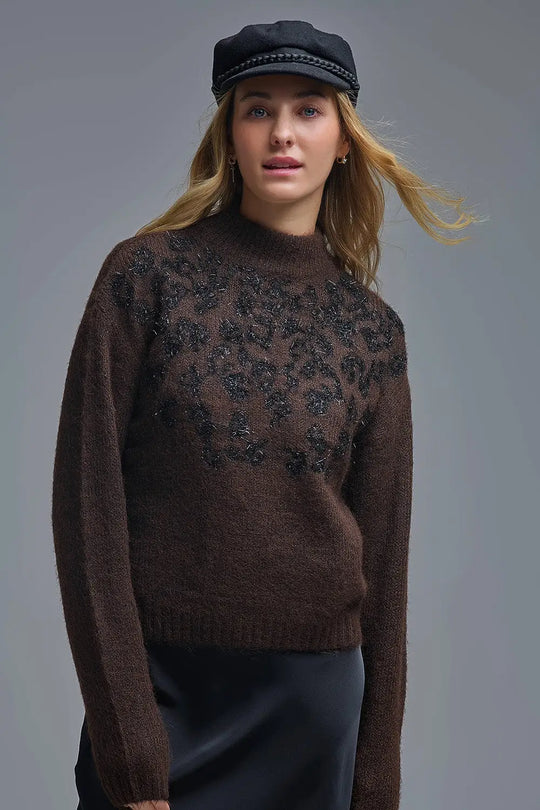 Brown Knitted Sweater with Abstract Design - One Size / Brown - Sweaters