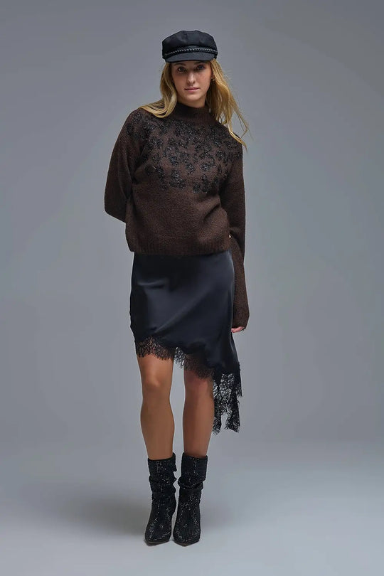 Brown Knitted Sweater with Abstract Design - One Size / Brown - Sweaters