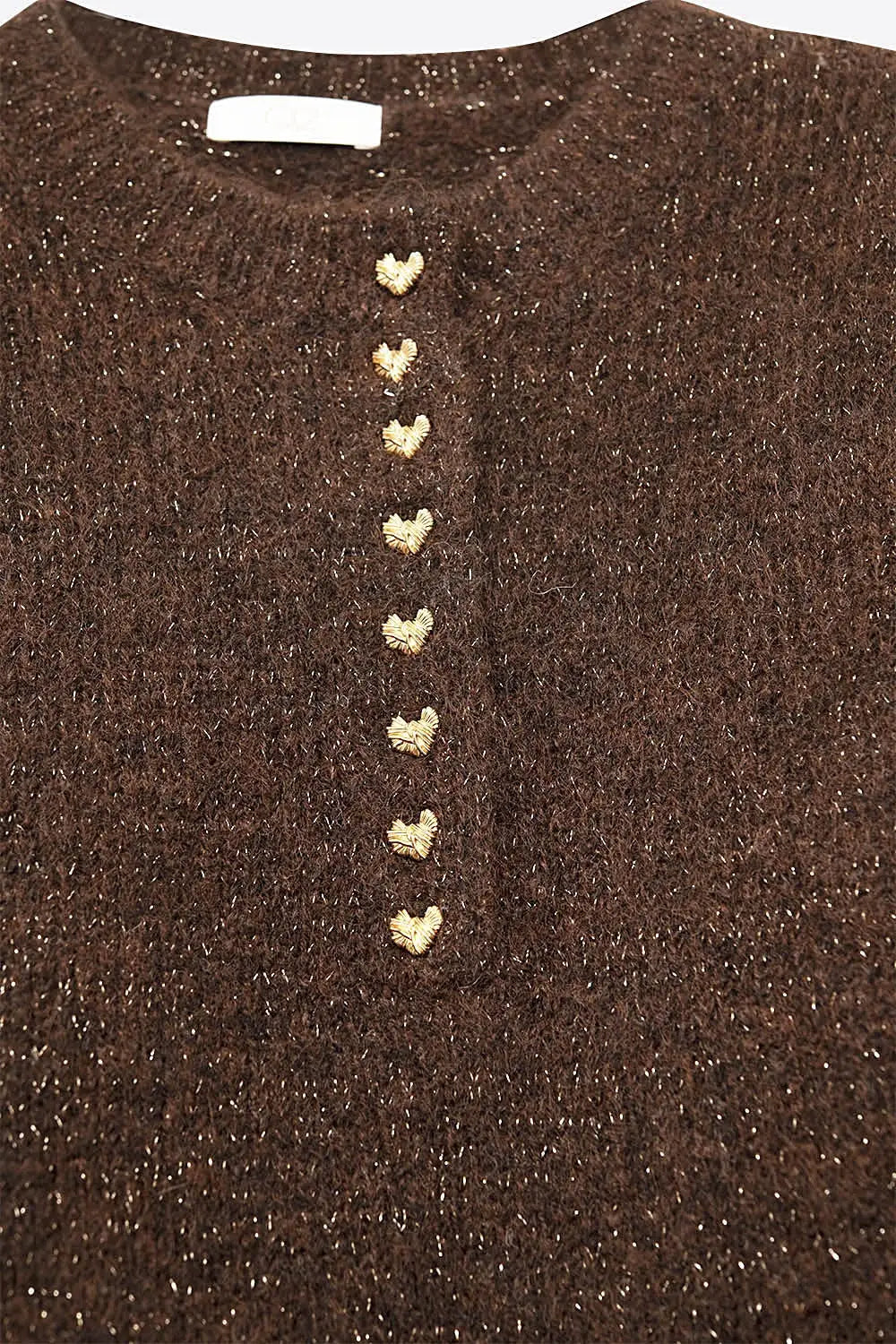 Brown Knitted Sweater with gold Heart Buttons - One Size / Brown - Sweaters