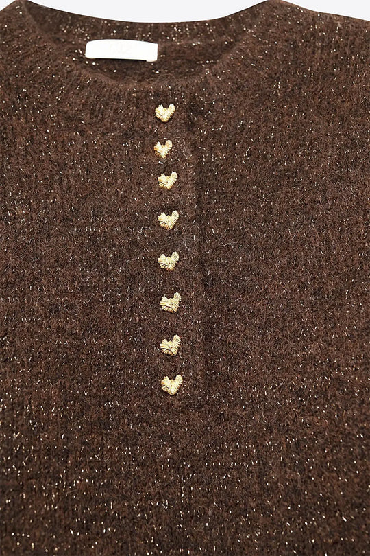 Brown Knitted Sweater with gold Heart Buttons - One Size / Brown - Sweaters