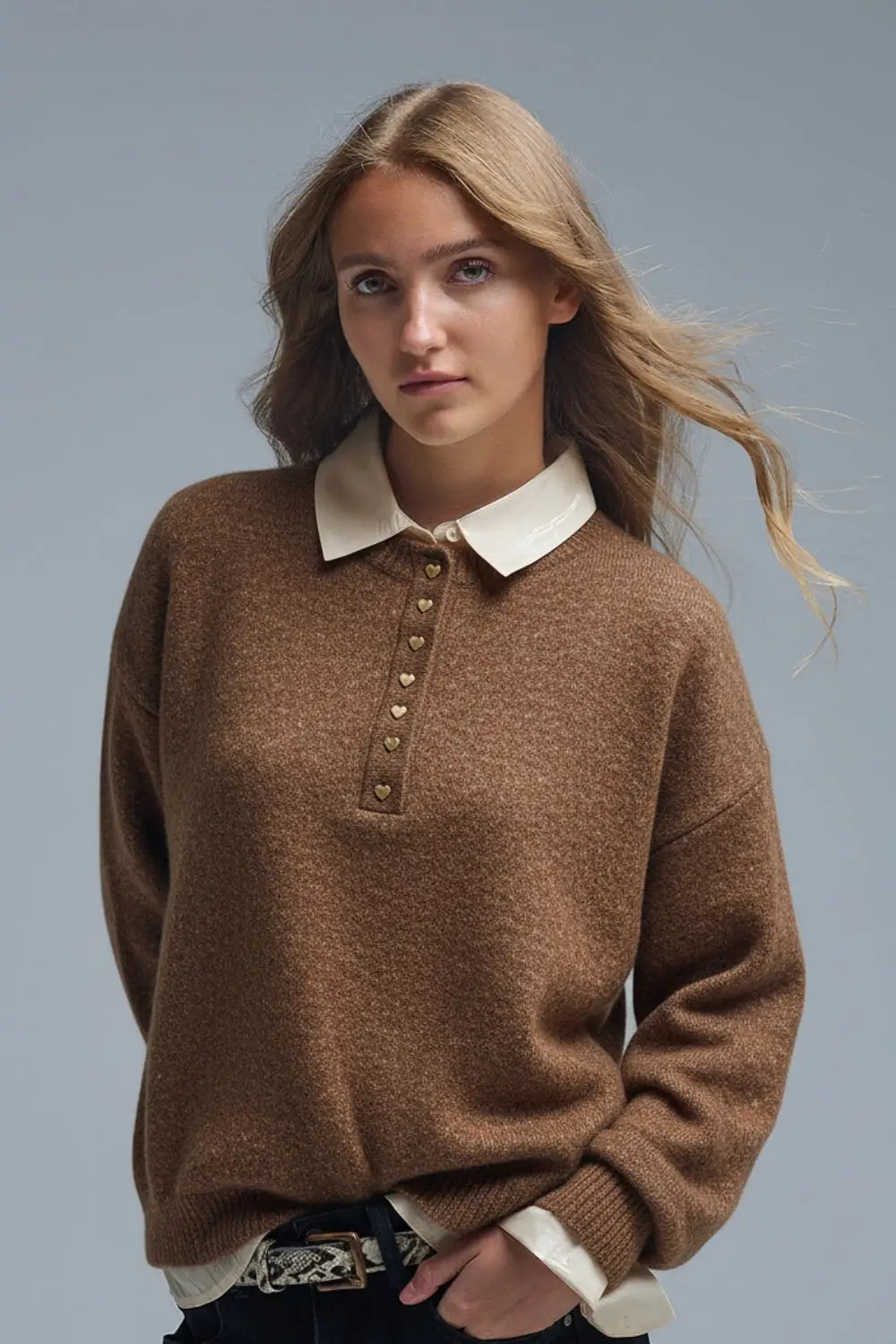 Q2 Brown Knitted Sweater with gold Heart Buttons