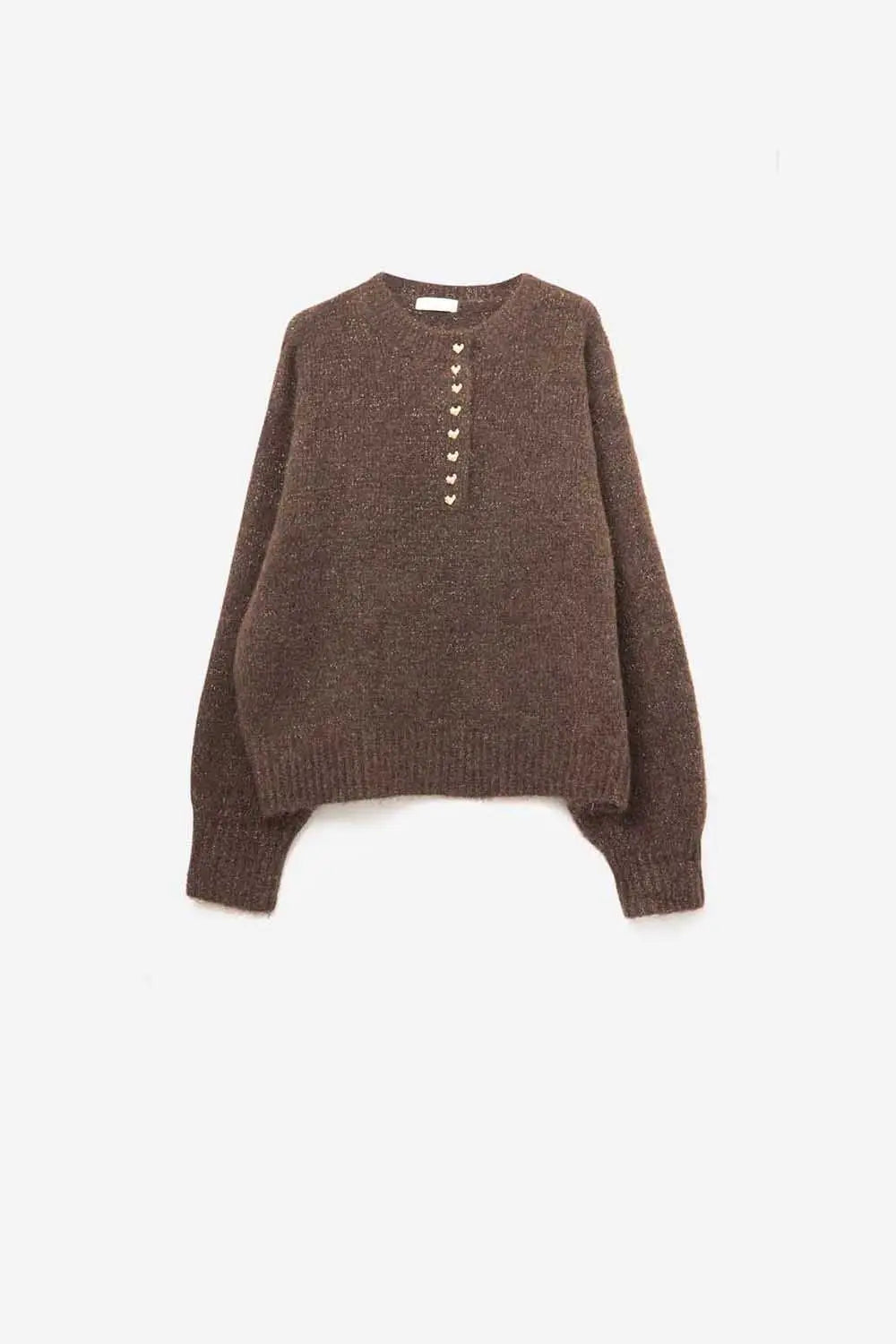 Brown Knitted Sweater with gold Heart Buttons - One Size / Brown - Sweaters
