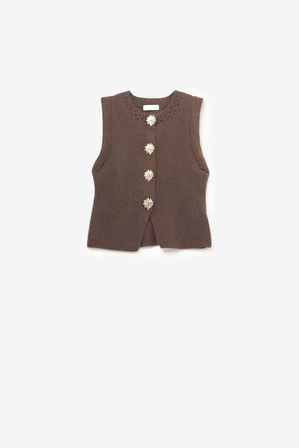 Brown knitted Vest with Gold Buttons - One Size / Brown - Tops
