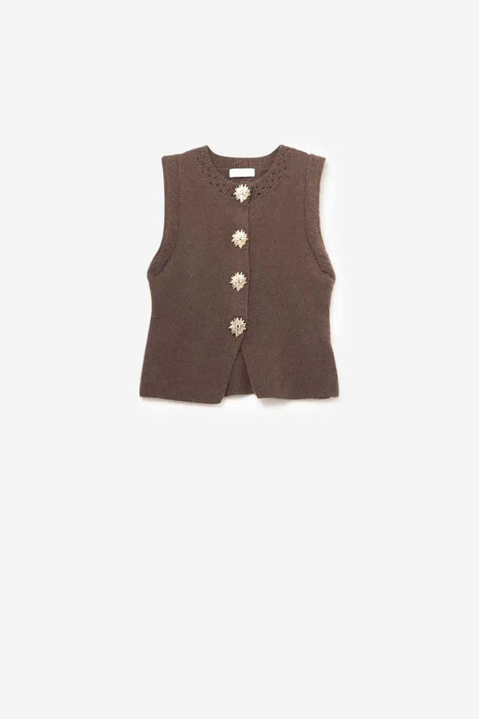 Brown knitted Vest with Gold Buttons - One Size / Brown - Tops