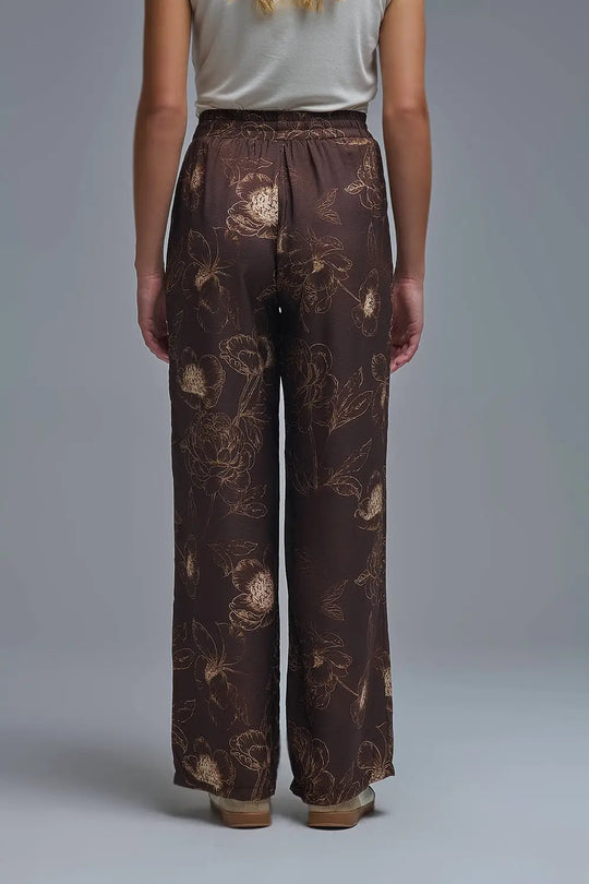 Brown Light-weight Flowy Pants in Autumnal Floral Print - Pants