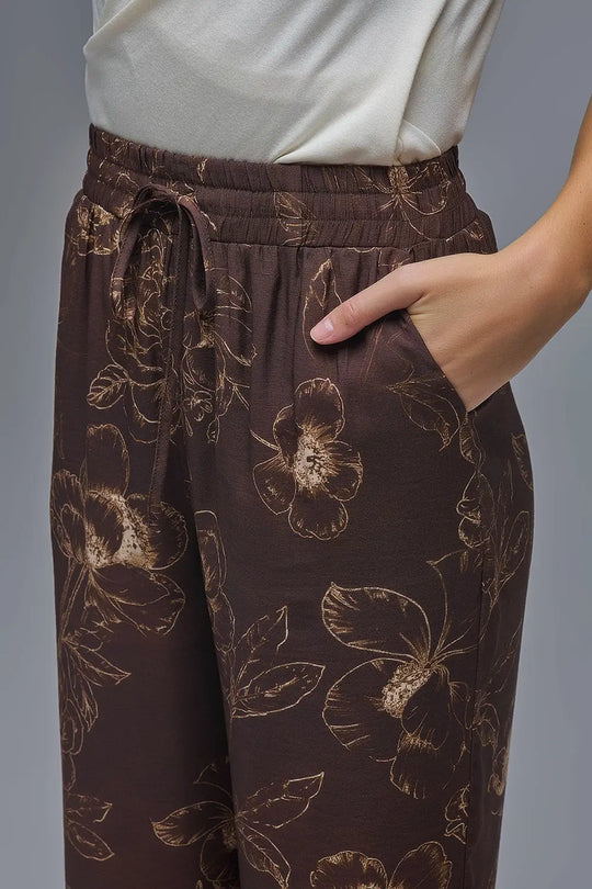 Brown Light-weight Flowy Pants in Autumnal Floral Print - Pants