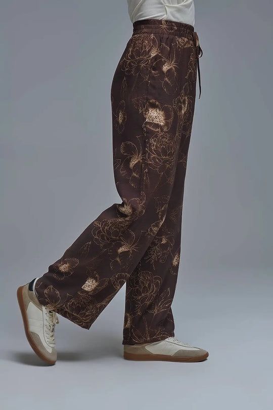 Brown Light-weight Flowy Pants in Autumnal Floral Print - Pants