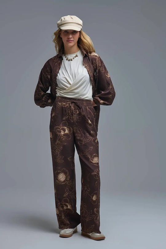 Brown Light-weight Flowy Pants in Autumnal Floral Print - Pants