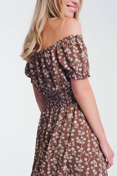 Brown mini bardot dress in floral print