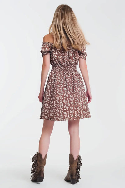 Brown mini bardot dress in floral print - Dresses