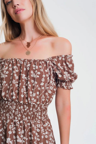 Brown mini bardot dress in floral print - Dresses