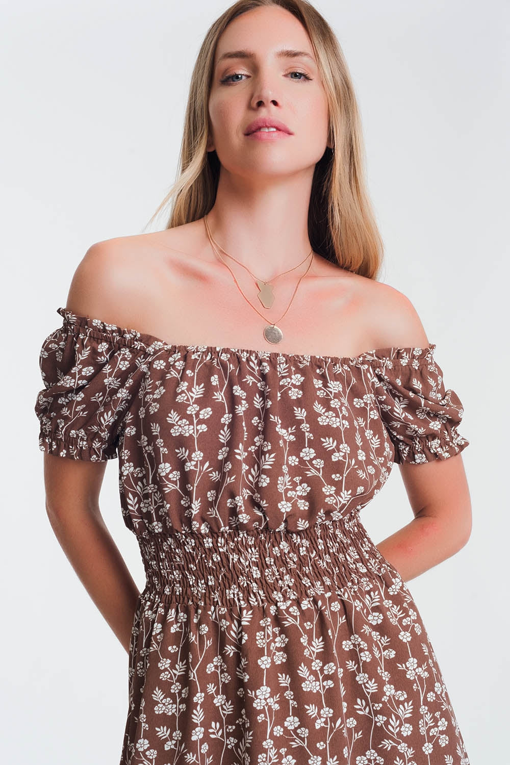 Brown mini bardot dress in floral print