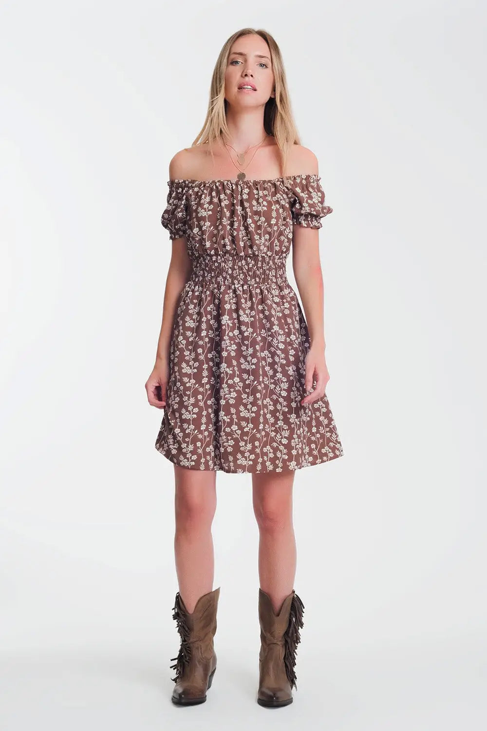 Q2 Brown mini bardot dress in floral print