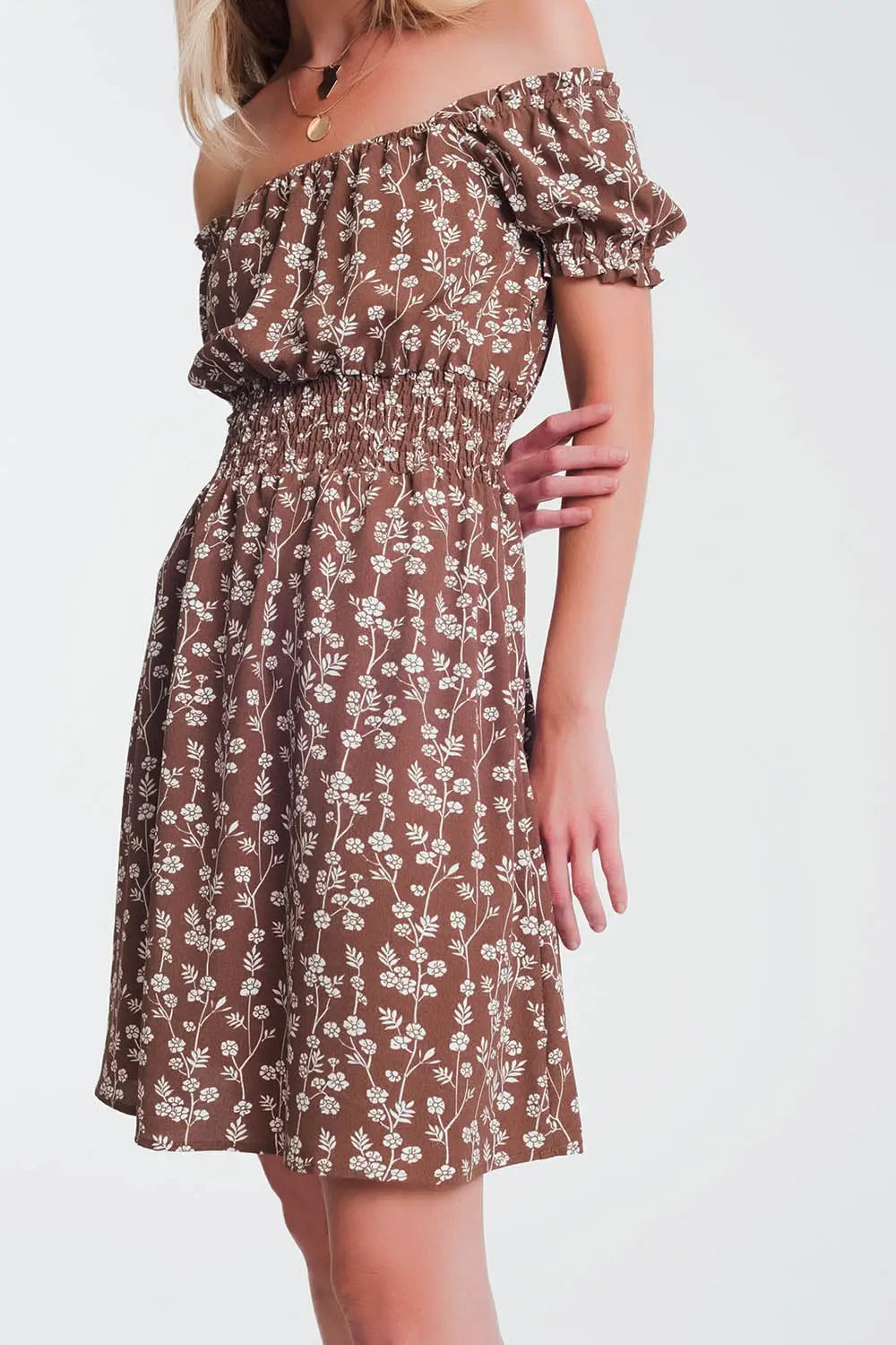 Brown mini bardot dress in floral print - Dresses