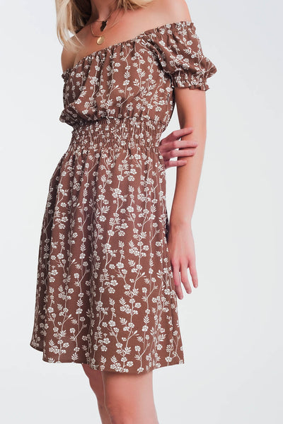 Brown mini bardot dress in floral print