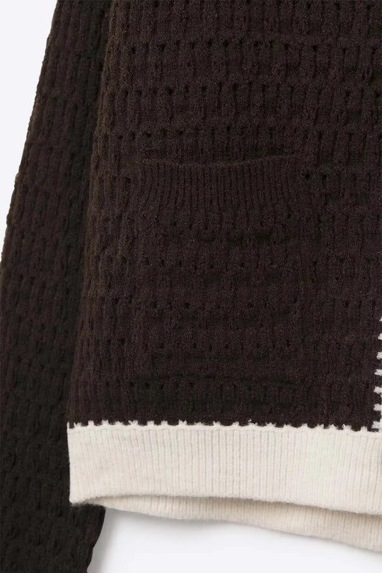 Brown Open-Knit Cardigan with Contrast Trim - One Size / Brown - Sweaters
