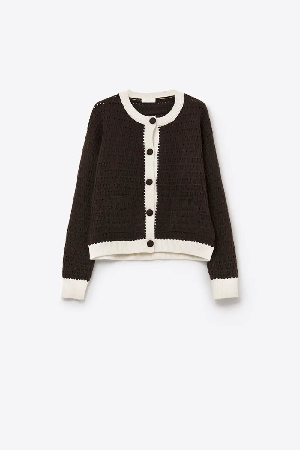 Q2 Brown Open-Knit Cardigan with Contrast Trim