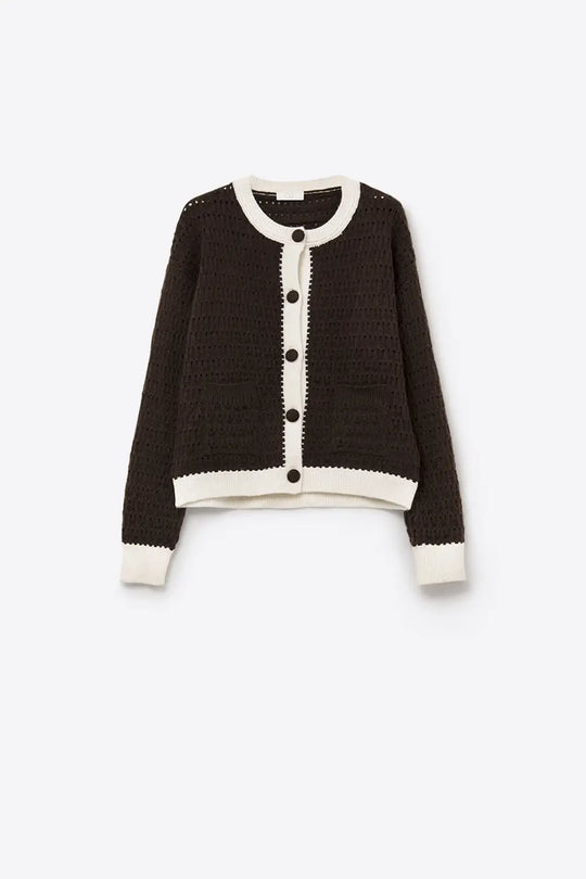 Q2 Brown Open-Knit Cardigan with Contrast Trim