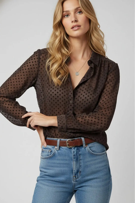 Q2 Brown Polka-Dot Button-Up Shirt in chiffon