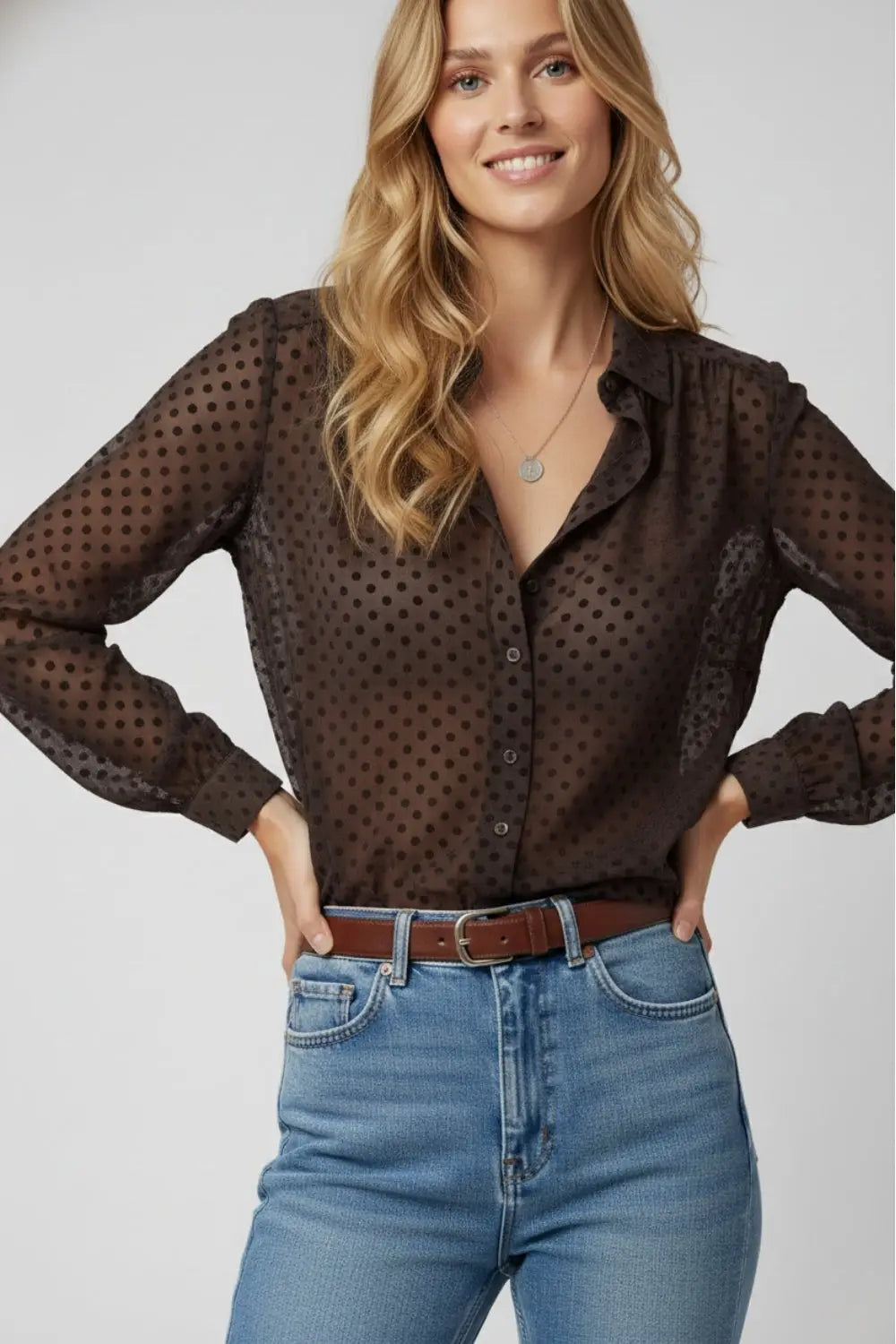 Brown Polka-Dot Button-Up Shirt in chiffon - Shirts
