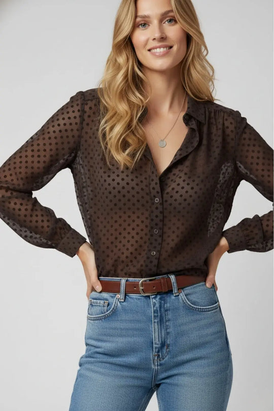 Brown Polka-Dot Button-Up Shirt in chiffon - Shirts