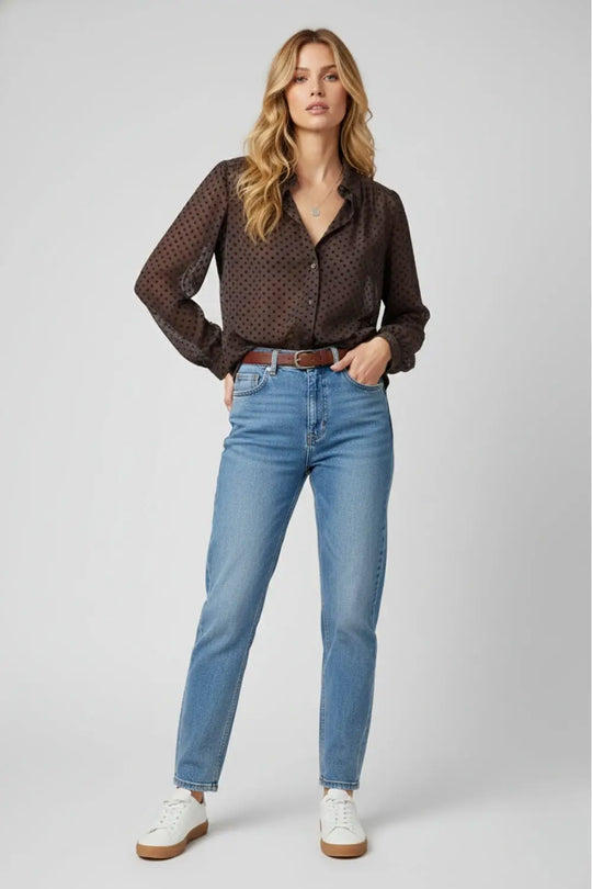 Brown Polka-Dot Button-Up Shirt in chiffon - Shirts