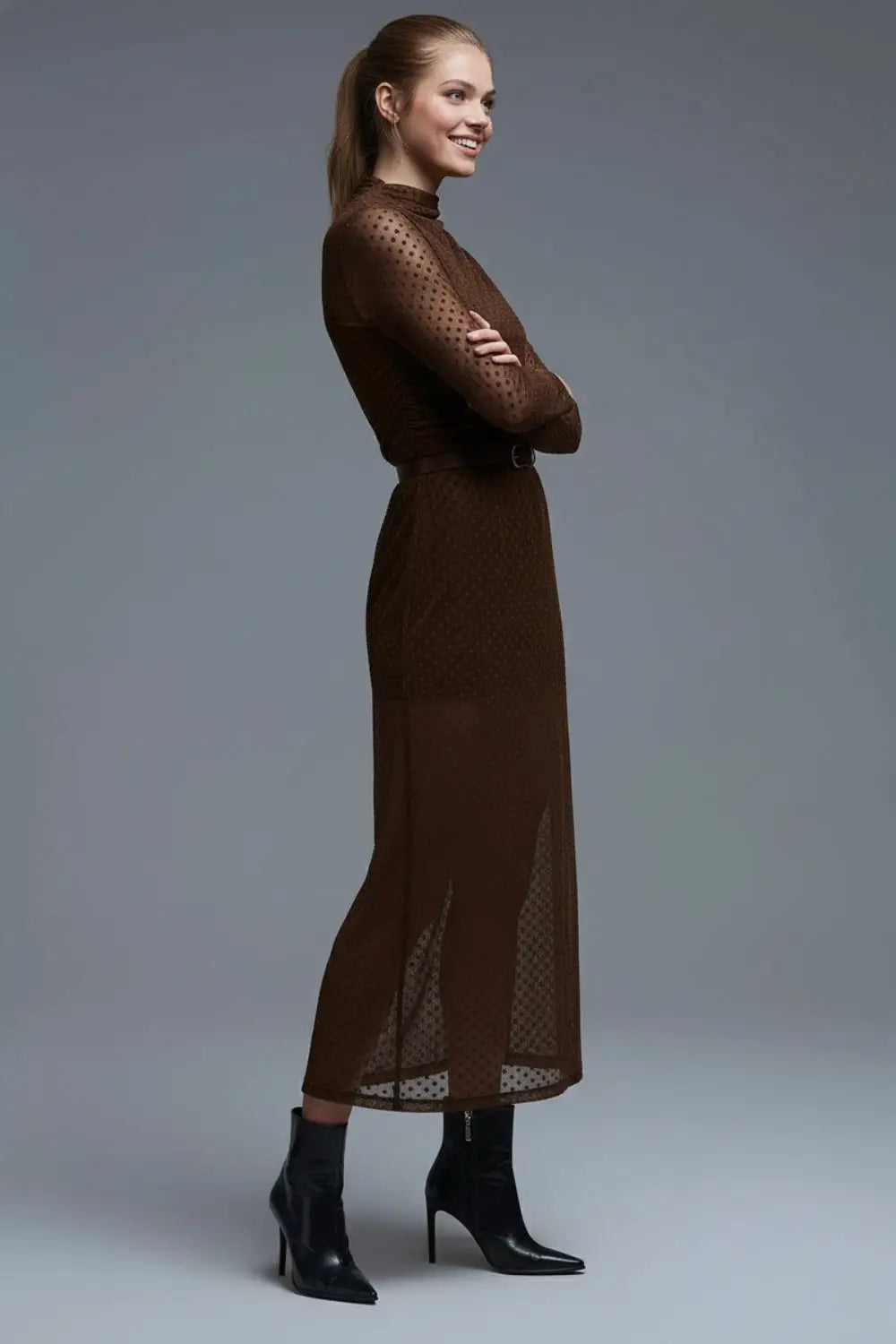 Brown Polka Dot Maxi Dress in sheer fabric - Dresses