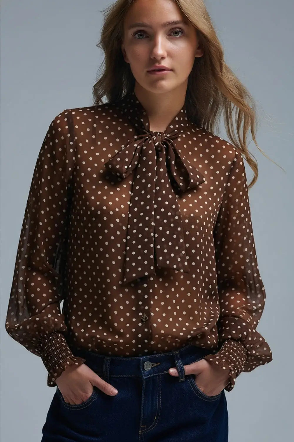 Q2 Brown Polka-Dot Shirt with Lace Detail in chiffon fabric