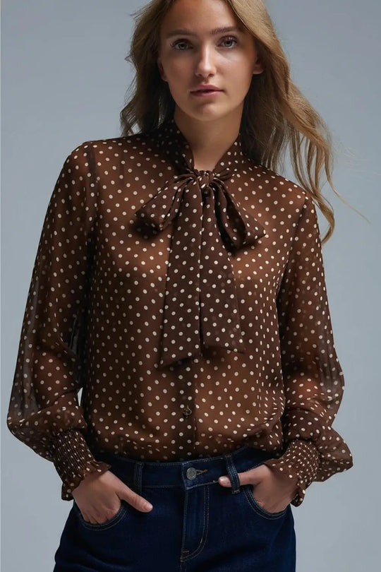 Q2 Brown Polka-Dot Shirt with Lace Detail in chiffon fabric