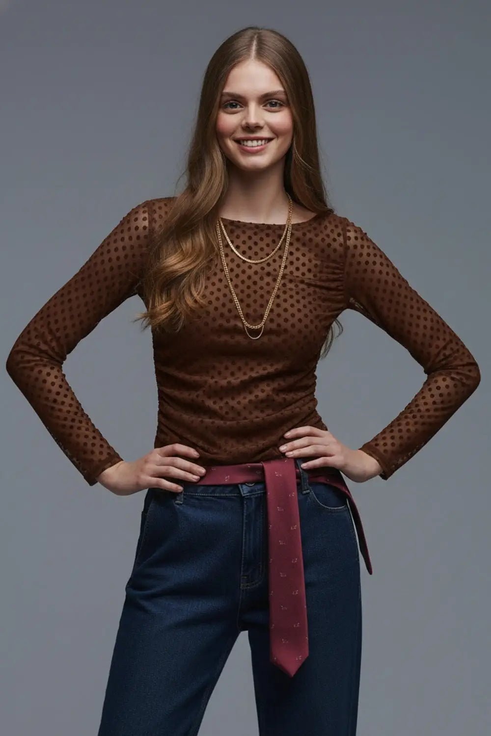 Q2 Brown Polka Dot Top in elastic sheer fabric