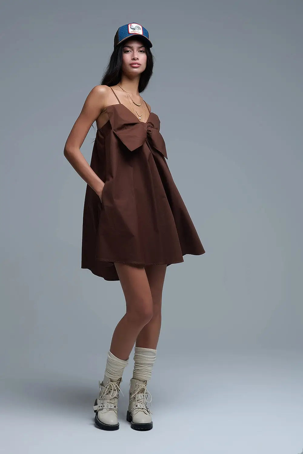 Q2 Brown poplin mini dress with a big bow detail