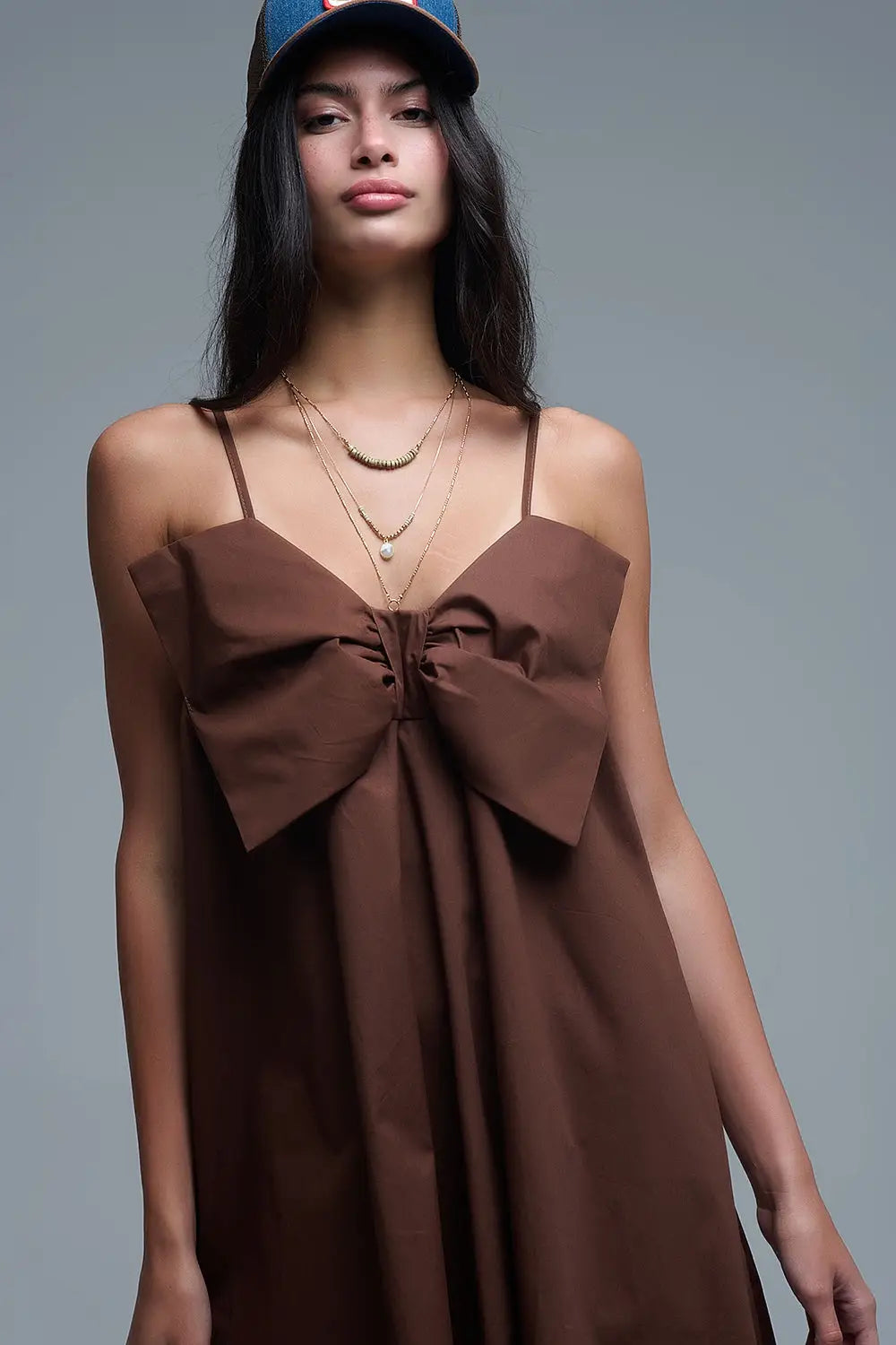 Brown poplin mini dress with a big bow detail - Dresses