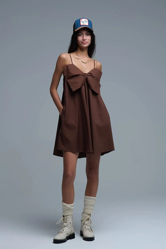 Brown poplin mini dress with a big bow detail - Dresses
