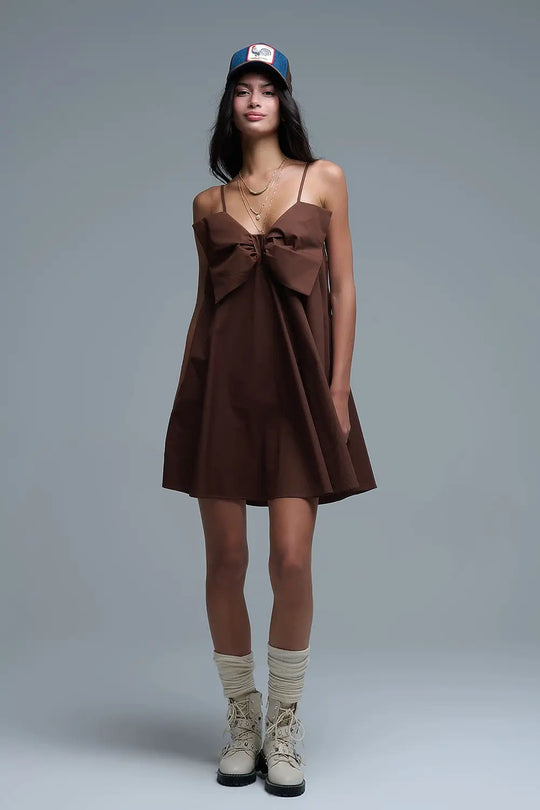 Brown poplin mini dress with a big bow detail - Dresses