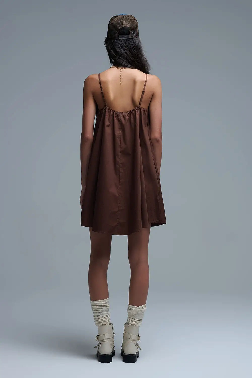 Brown poplin mini dress with a big bow detail - Dresses