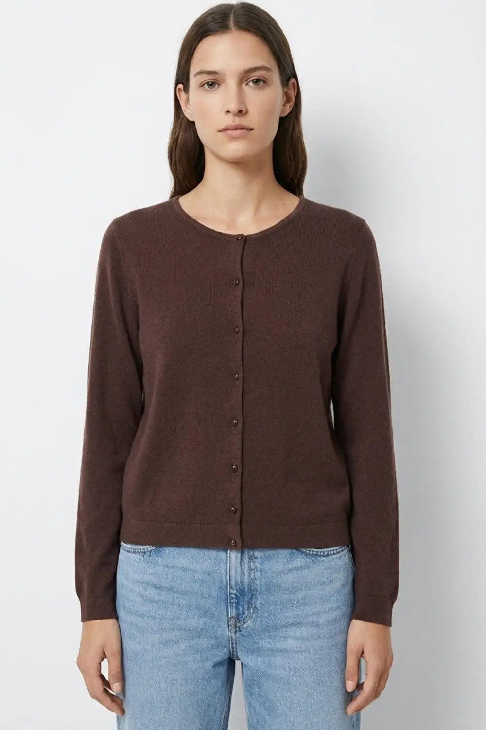 Brown Ribbed Knit Cardigan with Mother-of-Pearl Buttons - One Size / Brown