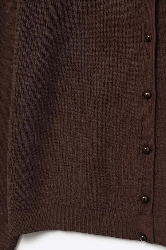 Brown Ribbed Knit Cardigan with Mother-of-Pearl Buttons - One Size / Brown
