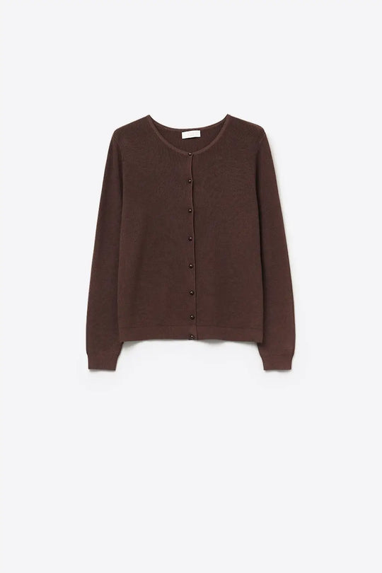 Q2 Brown Ribbed Knit Cardigan with Mother-of-Pearl Buttons