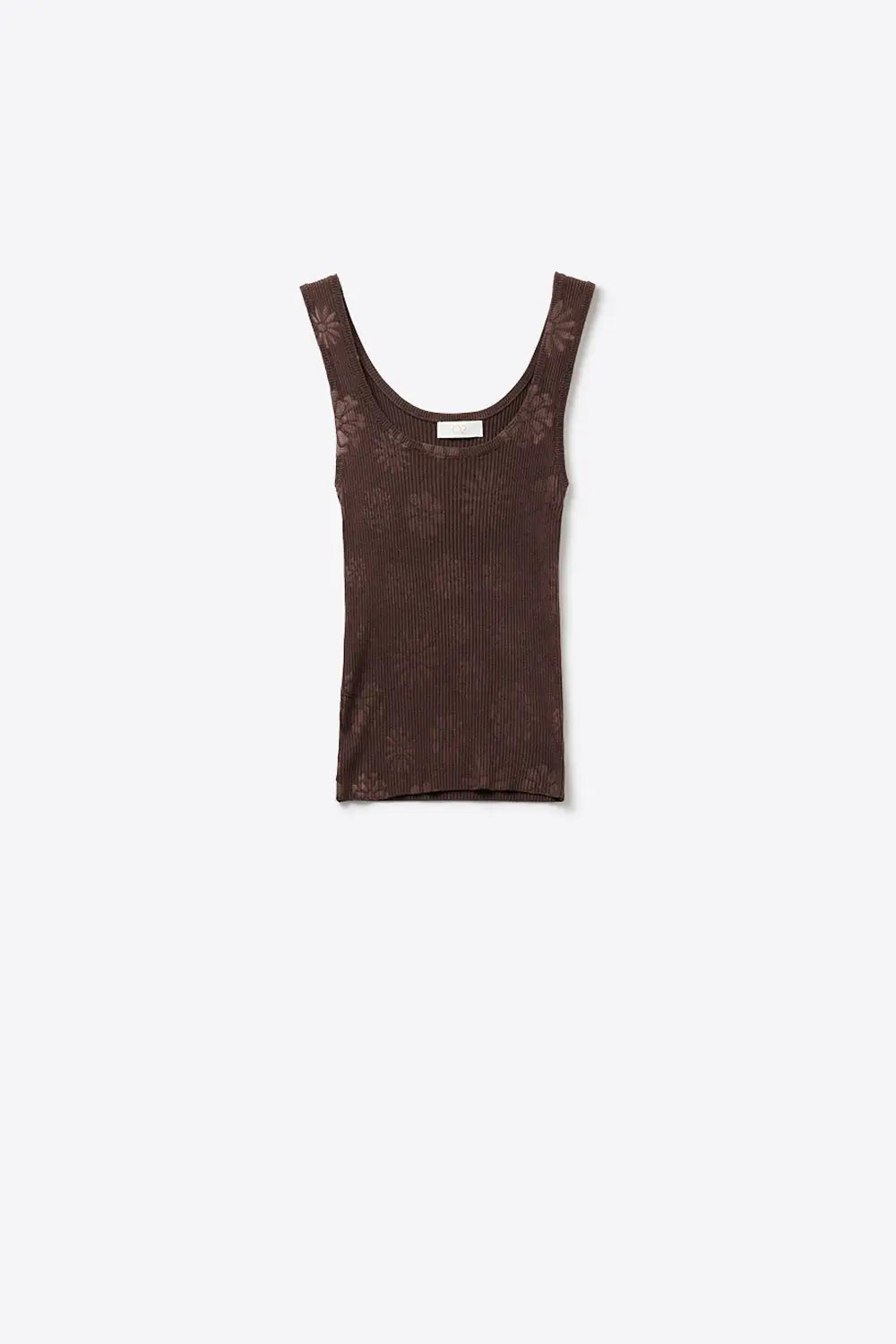 Q2 Brown Ribbed Knit Floral Scoop Neck Tank Top