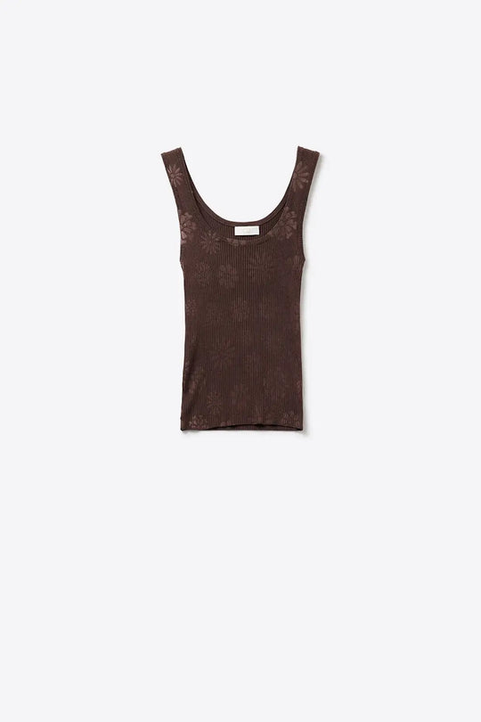 Q2 Brown Ribbed Knit Floral Scoop Neck Tank Top