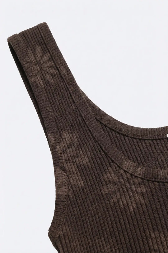 Brown Ribbed Knit Floral Scoop Neck Tank Top - One Size / Brown