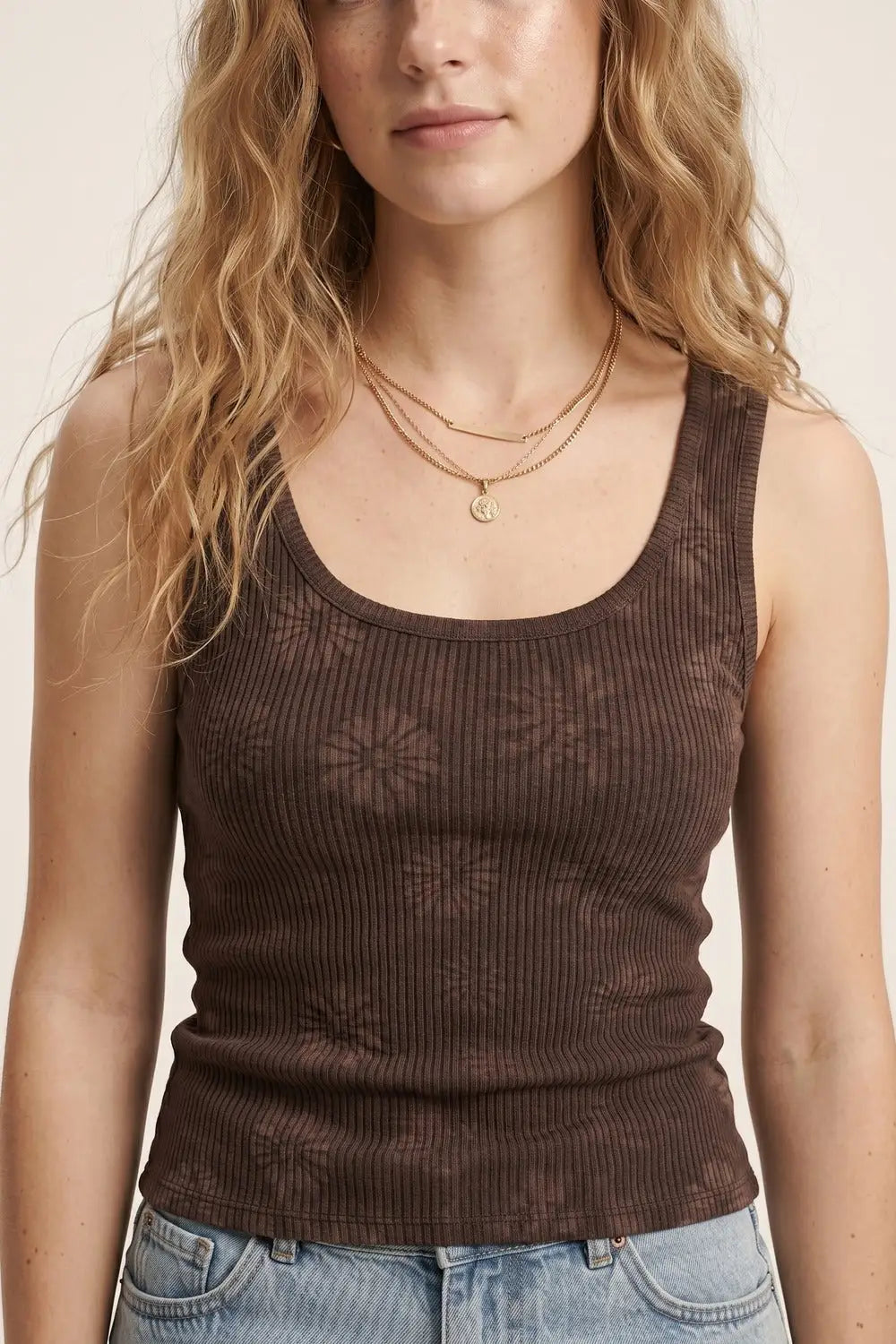 Brown Ribbed Knit Floral Scoop Neck Tank Top - One Size / Brown