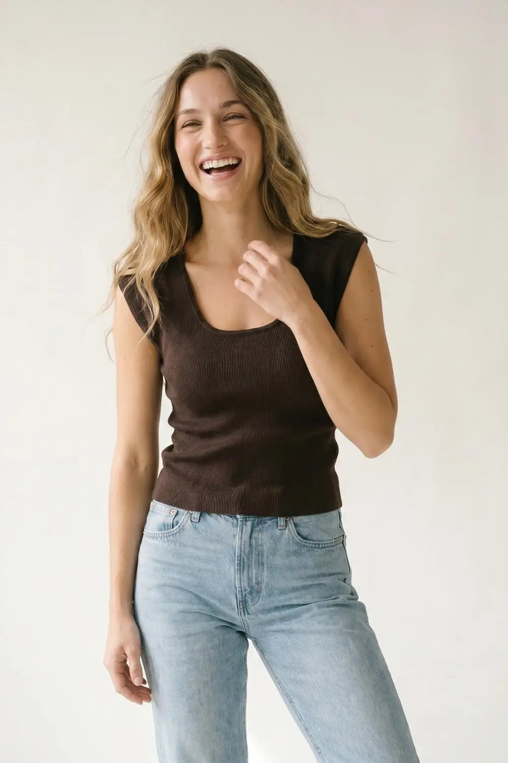 Brown Ribbed Knit Sleeveless Scoop Neck sweater - One Size / Brown