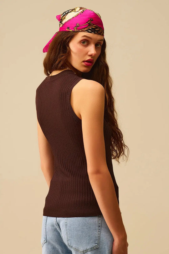 Brown Ribbed Sleeves Knit Top - One Size / Brown - Sweaters