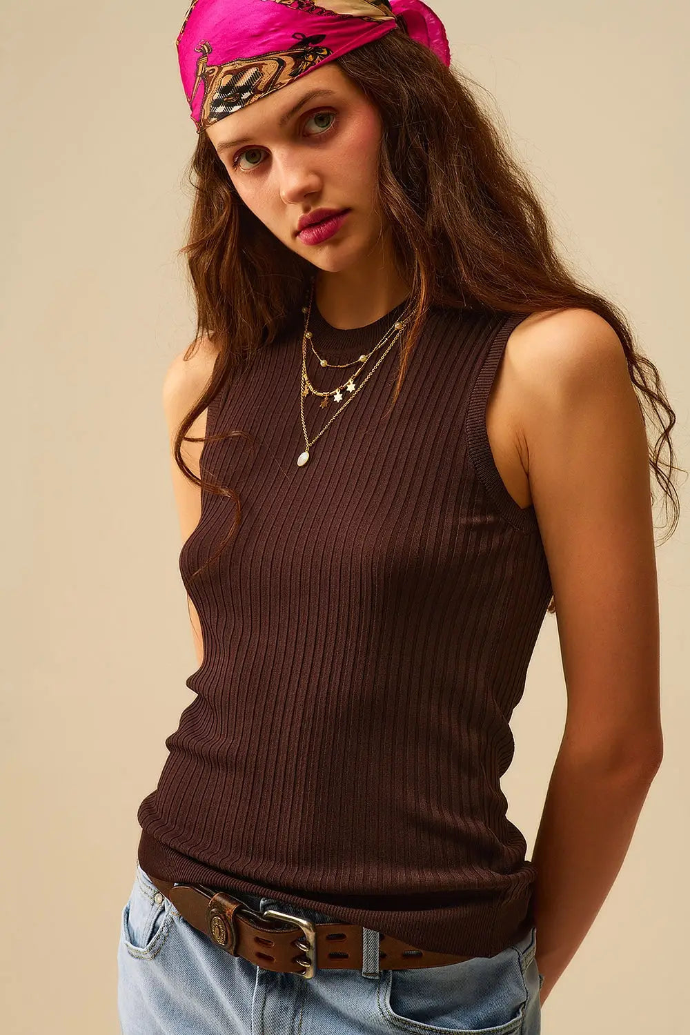 Brown Ribbed Sleeves Knit Top - One Size / Brown - Sweaters